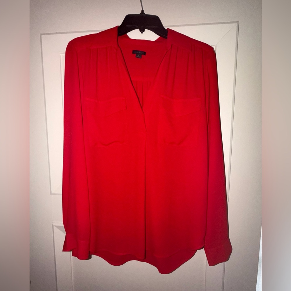 Ann Taylor Long Sleeve Vibrant Red Button Up Blouse